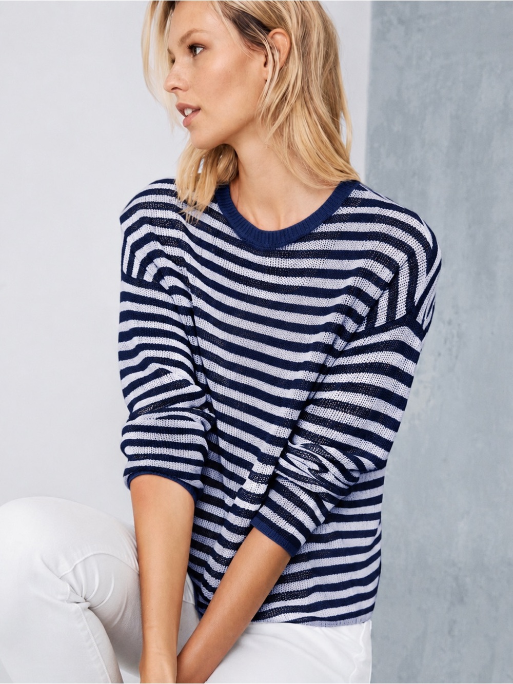 Eileen Fisher 100% Organic Linen Striped Pocket Sweater Navy White Size S